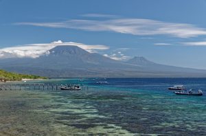 The view from Menjangan Island over the Java volcanoes